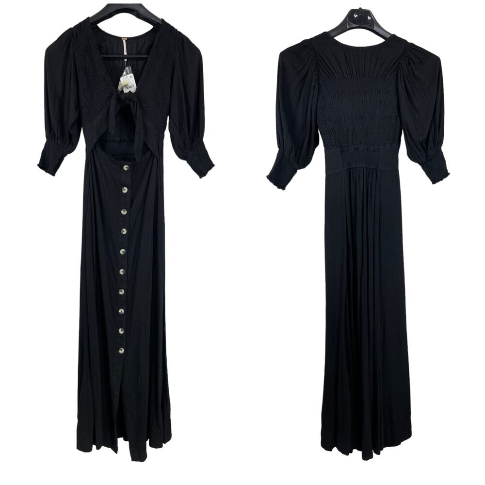 Free People NWT String Of Hearts Maxi Dress Size S Black Tie Front Smocked - Picture 3 of 10